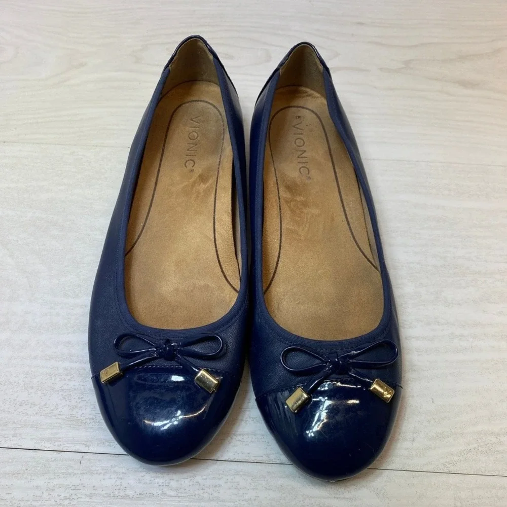 Vionic Womens 8.5 Minna Ballet Flat Orthotic Navy Blue Leather Patent Bow Toe